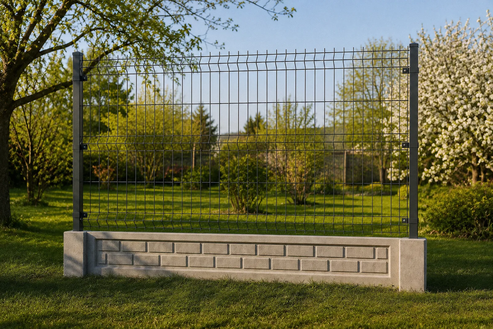 Fotorealistyczna wizualizacja ogrodzenia panelowego MaksBet wzór 10 w wiosennym ogrodzie, w ciepłym popołudniowym świetle — panel 3D z betonową podmurówką osadzoną w gruncie