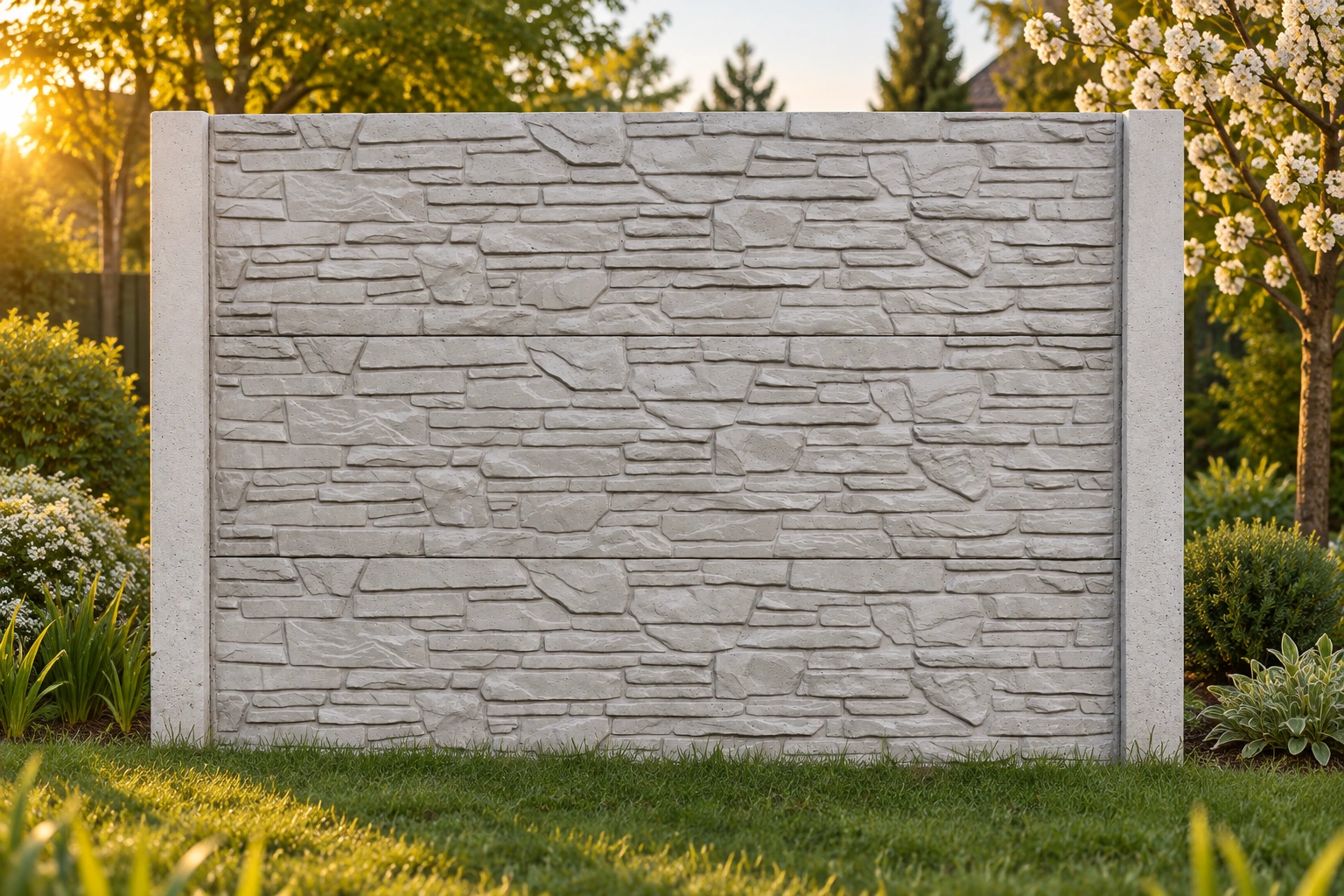 Fotorealistyczna wizualizacja ogrodzenia betonowego MaksBet wzór 4 w wiosennym ogrodzie, w ciepłym popołudniowym świetle — pełny relief łupanego kamienia